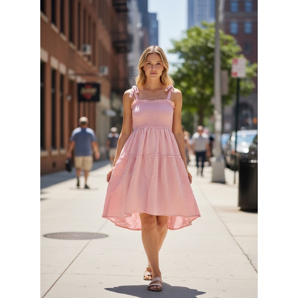 Zesica Pink Smocked Tiered Mini Dress Adjustable Tie Shoulder Straps Sleeveless